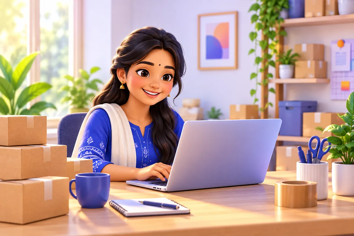An Indian small-business owner packing orders next to a laptop